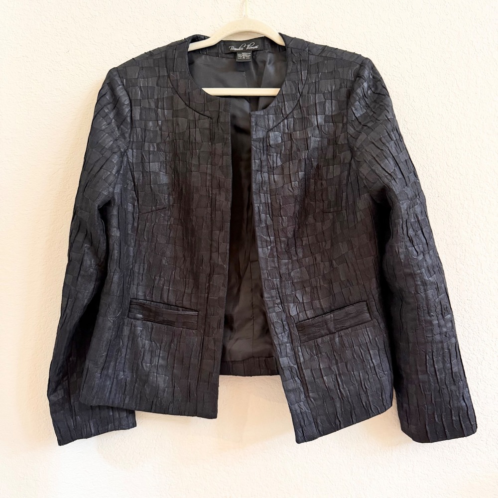 Vintage Brandon Thomas Womens Black Textured Open Front Blazer Jacket Large